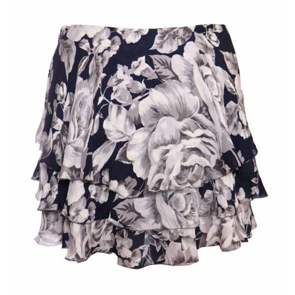 INTERMIX Layered Blue Ruffle Skirt Flower Silk Print - Picture 1 of 10